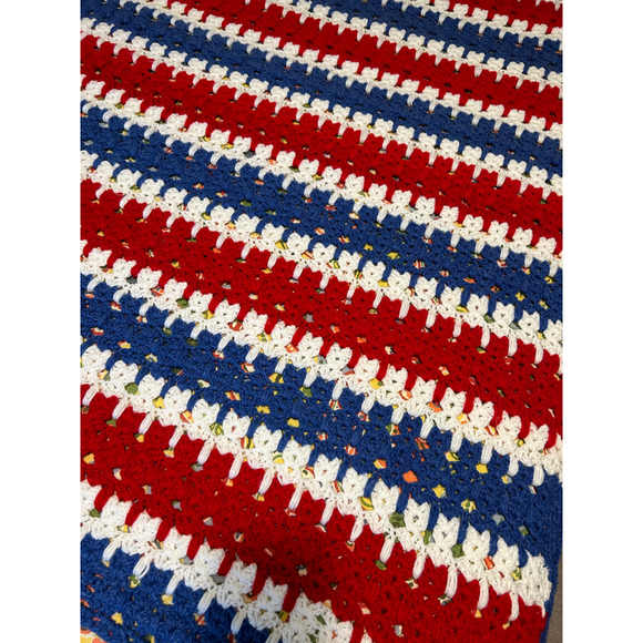 Crochet Blanket Red, Blue, and White - Picture 2 of 3